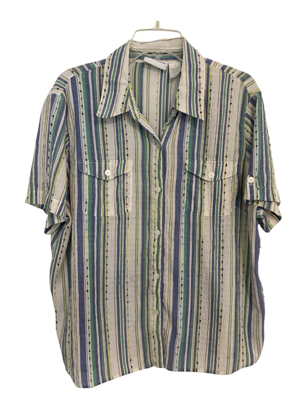 Alfred Dunner 18 Striped Button-Down Shirt - Blue/Green/Tan